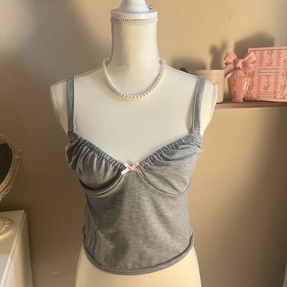 SHEIN Gray Crop Top with Pink Bow